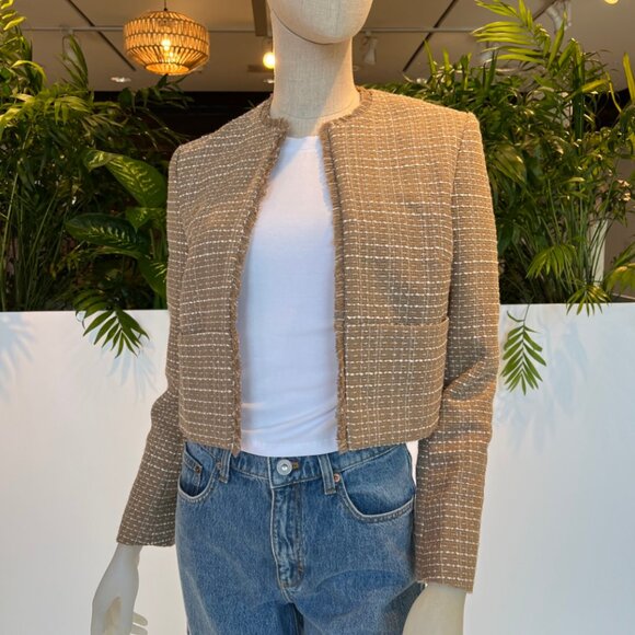 French Connection Effie Boucle Collarless Blazer Jacket in Cream and Camel - Picture 4 of 8